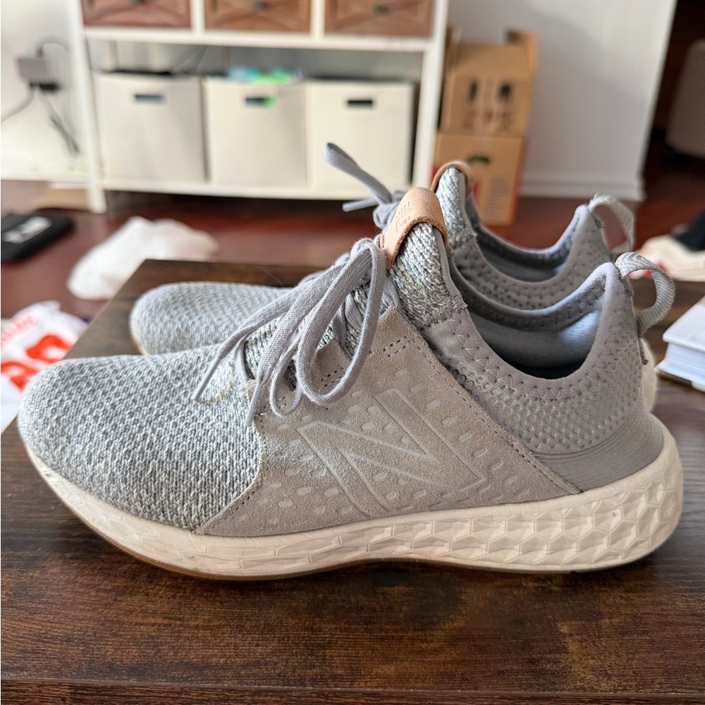 New Balance Light Gray Knit Lace-Up Athletic Sneakers with Tan Pull Tab